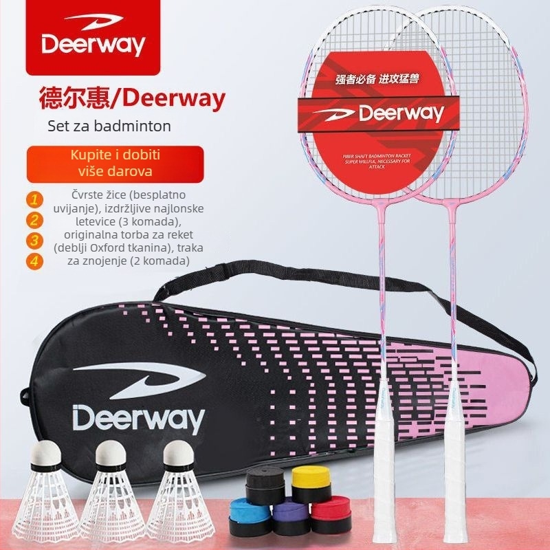 Delhui set za badminton – okvir od željeznog legura, najlon mreža, uključuje 2 reketa, 3 lopte i 1 torba, težina 95–100 g po reketa, debljina ručke G4, tvrdi shaft, tip reketa: direktan udarac