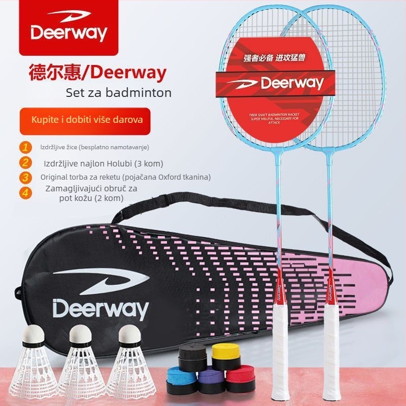 Delhui set za badminton – okvir od željeznog legura, najlon mreža, uključuje 2 reketa, 3 lopte i 1 torba, težina 95–100 g po reketa, debljina ručke G4, tvrdi shaft, tip reketa: direktan udarac