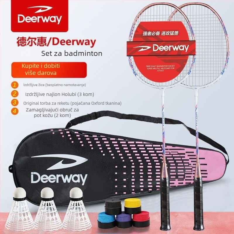 Delhui set za badminton – okvir od željeznog legura, najlon mreža, uključuje 2 reketa, 3 lopte i 1 torba, težina 95–100 g po reketa, debljina ručke G4, tvrdi shaft, tip reketa: direktan udarac