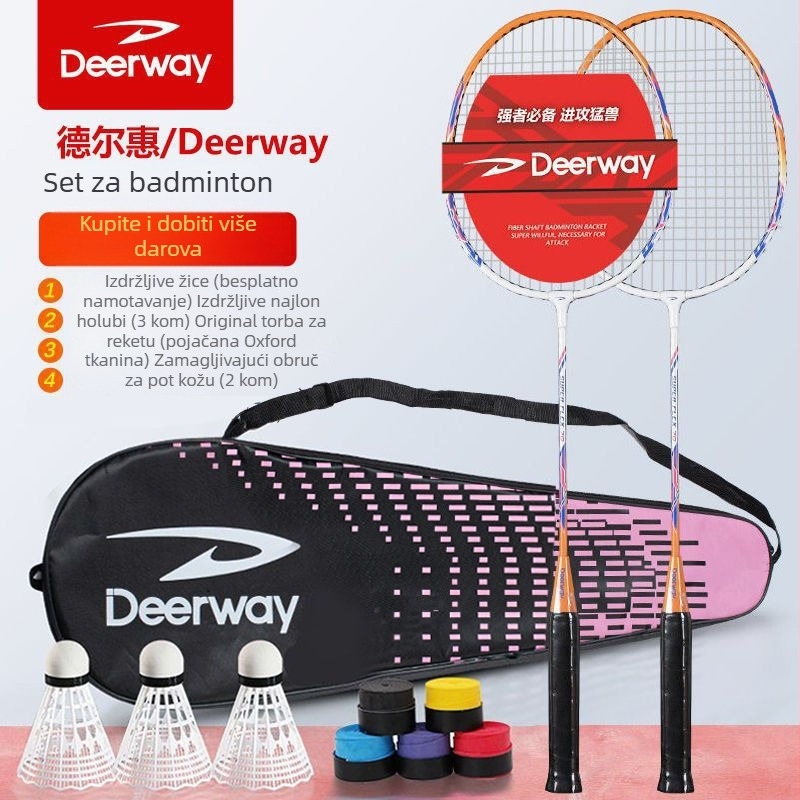 Delhui set za badminton – okvir od željeznog legura, najlon mreža, uključuje 2 reketa, 3 lopte i 1 torba, težina 95–100 g po reketa, debljina ručke G4, tvrdi shaft, tip reketa: direktan udarac