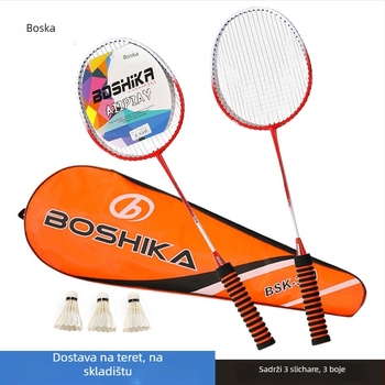 Badminton reketa od legure – jednodijelna konstrukcija, okvir od željezne legure, najlon navoji, težina 90–94 g, direktan udarac, za amatere
