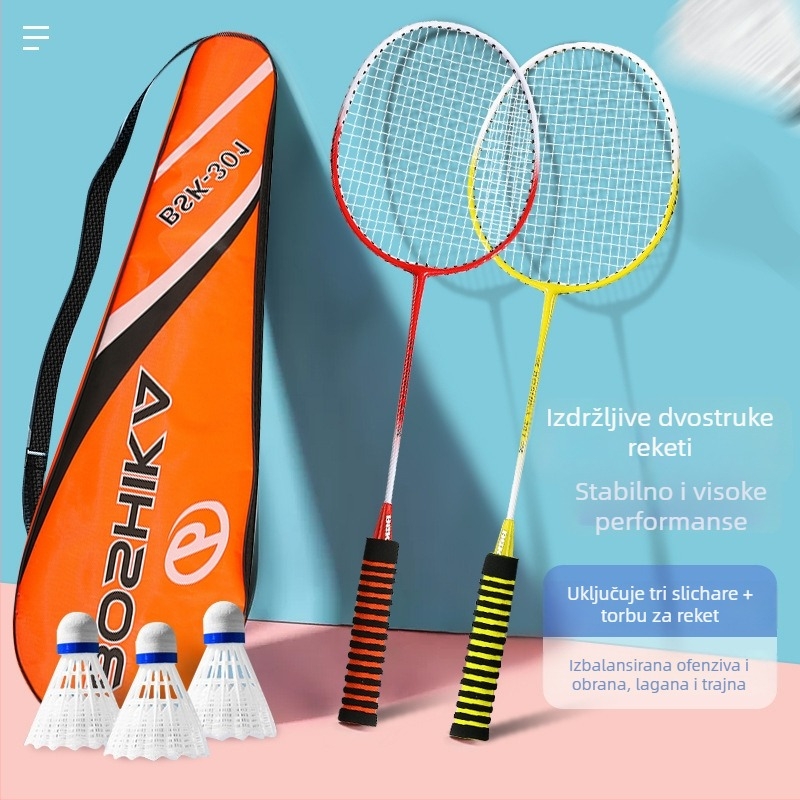 Badminton reketa od legure – jednodijelna konstrukcija, okvir od željezne legure, najlon navoji, težina 90–94 g, direktan udarac, za amatere