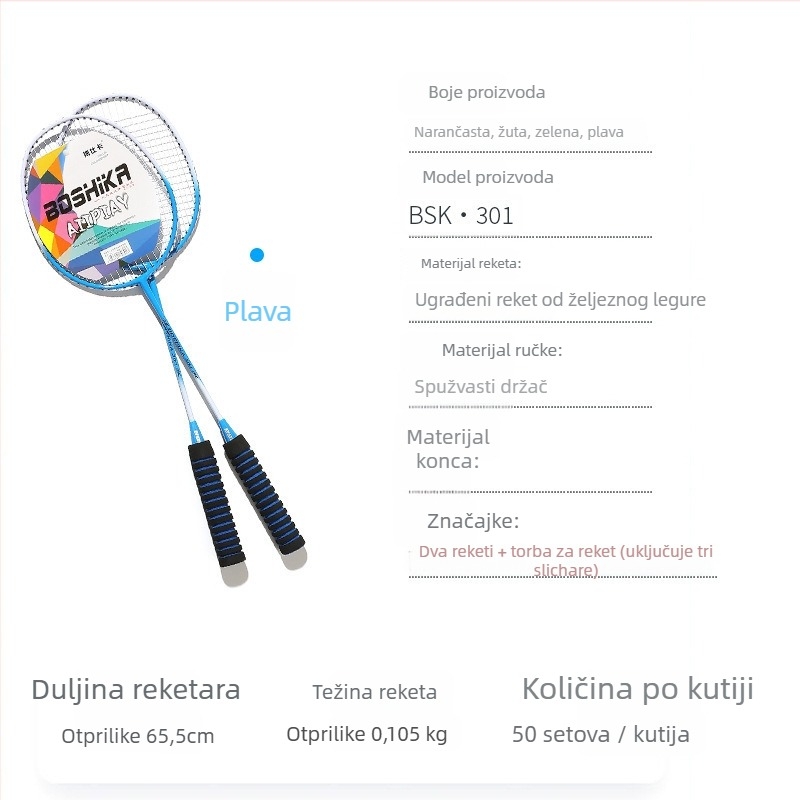 Badminton reketa od legure – jednodijelna konstrukcija, okvir od željezne legure, najlon navoji, težina 90–94 g, direktan udarac, za amatere