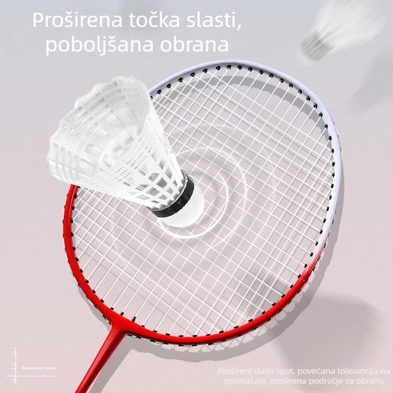 Badminton reketa od legure – jednodijelna konstrukcija, okvir od željezne legure, najlon navoji, težina 90–94 g, direktan udarac, za amatere
