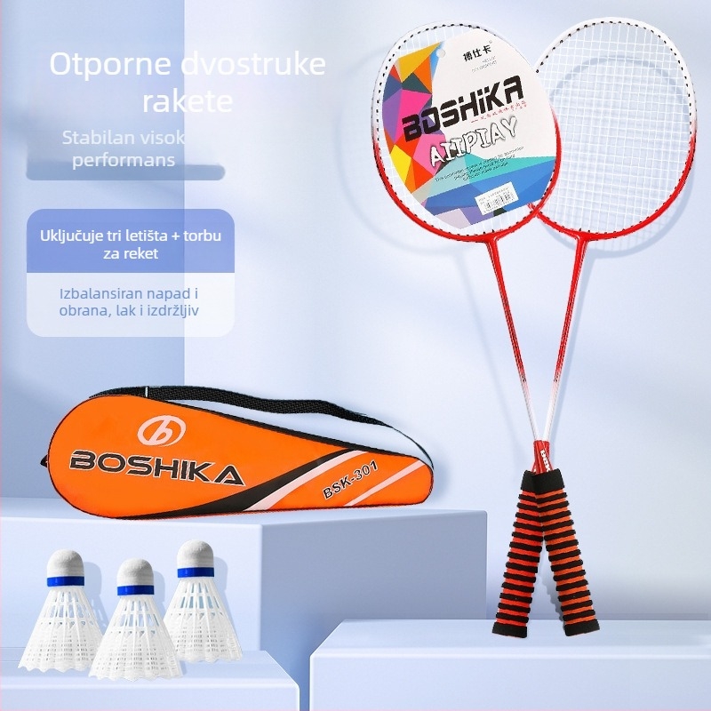 Badminton reketa od legure – jednodijelna konstrukcija, okvir od željezne legure, najlon navoji, težina 90–94 g, direktan udarac, za amatere