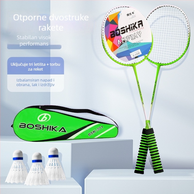 Badminton reketa od legure – jednodijelna konstrukcija, okvir od željezne legure, najlon navoji, težina 90–94 g, direktan udarac, za amatere