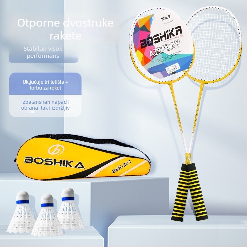 Badminton reketa od legure – jednodijelna konstrukcija, okvir od željezne legure, najlon navoji, težina 90–94 g, direktan udarac, za amatere