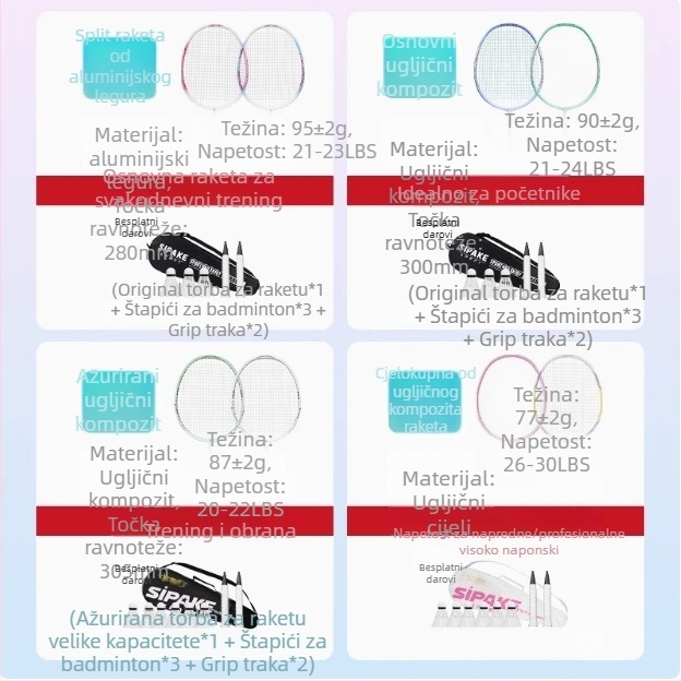 Badminton reketa - ultra lagana, potpuno karbonska, za odrasle početnike, težina 75-79 g, najlonske žice, drška G5, dizajn s ravnim vrhom
