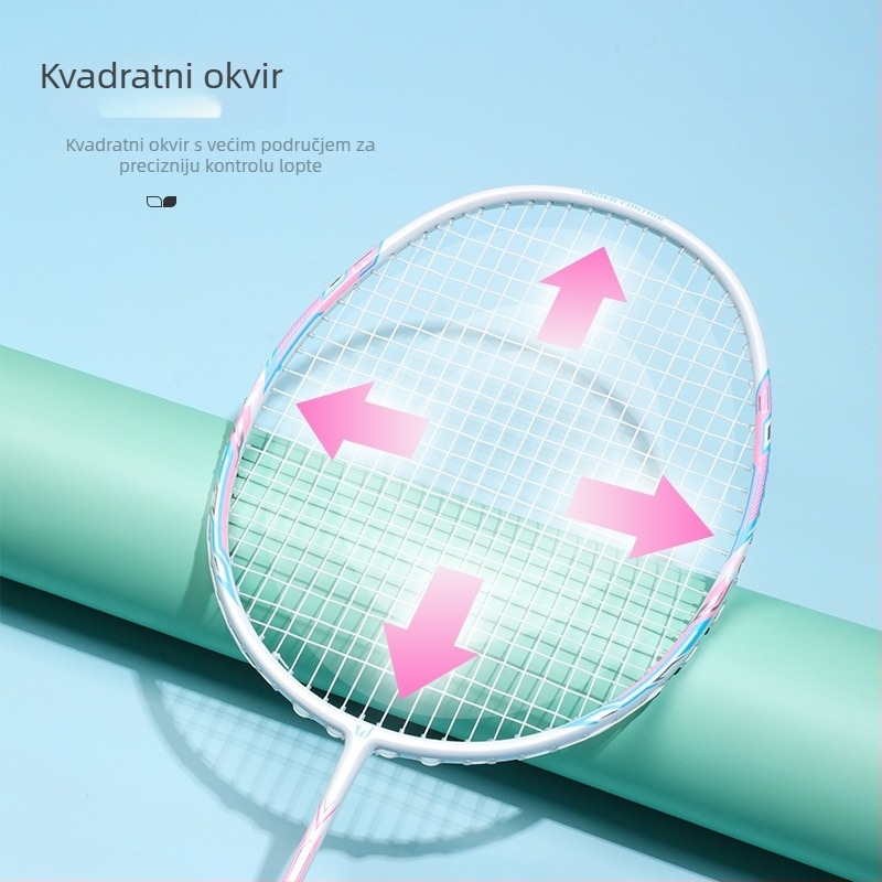 Badminton raketa Witess – okvir od karbonskih vlakana, težina 80–84 g, ravno vratilo, najlonske strune