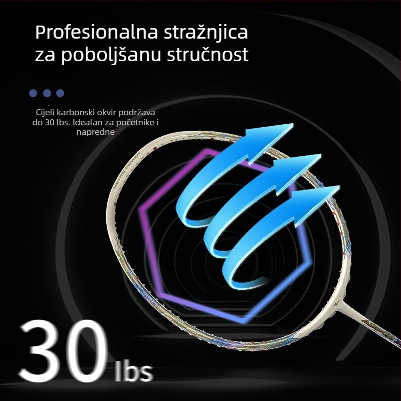 Badminton reketa s jednim tijelom 10U, karbonsko vlakno okvir, težina 75–79 g, drška G5, najlon damil