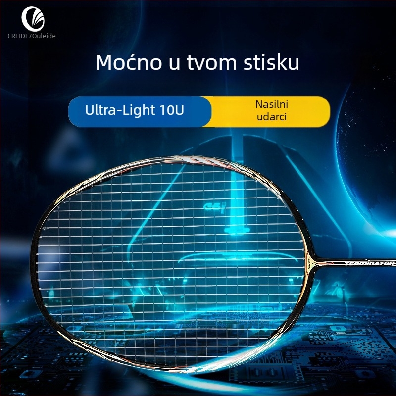 Oreide badminton reketa – potpuno karbonsko vlakno, izuzetno lagan, otporan atak model, za singlove i dvostruke, prilagodljivo