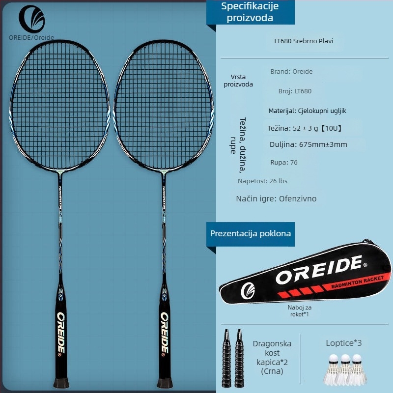 Oreide badminton reketa – potpuno karbonsko vlakno, izuzetno lagan, otporan atak model, za singlove i dvostruke, prilagodljivo