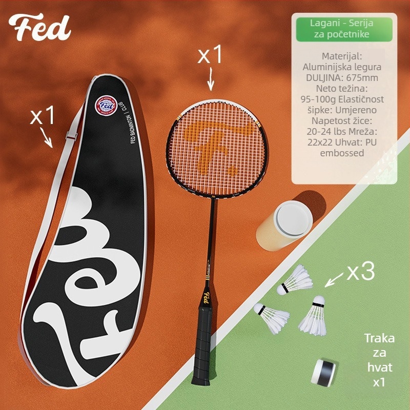 Feltun badminton reketa – okvir od aluminijske legure, težina 95–100 g, debljina drške G5, tip reketa: pravokutan, pogodno za amatere i mlade