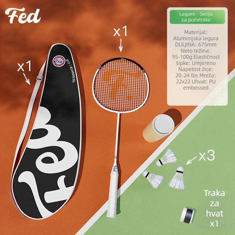 Feltun badminton reketa – okvir od aluminijske legure, težina 95–100 g, debljina drške G5, tip reketa: pravokutan, pogodno za amatere i mlade