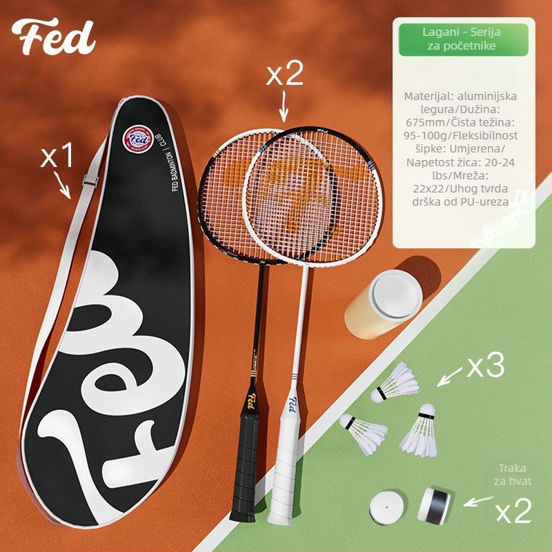 Feltun badminton reketa – okvir od aluminijske legure, težina 95–100 g, debljina drške G5, tip reketa: pravokutan, pogodno za amatere i mlade