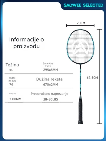 ALPSPORT badminton reketa s karbonskim okvirom, težina 80–84 g, napetost 28 lb, direktan udarac