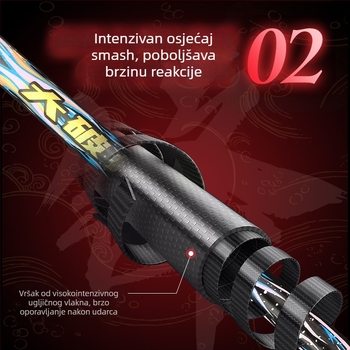 Raketa za badminton – karbonski okvir, visoke kvalitete, za odrasle (unisex), tip udarca: pravac, tvrdoća reketa: tvrda