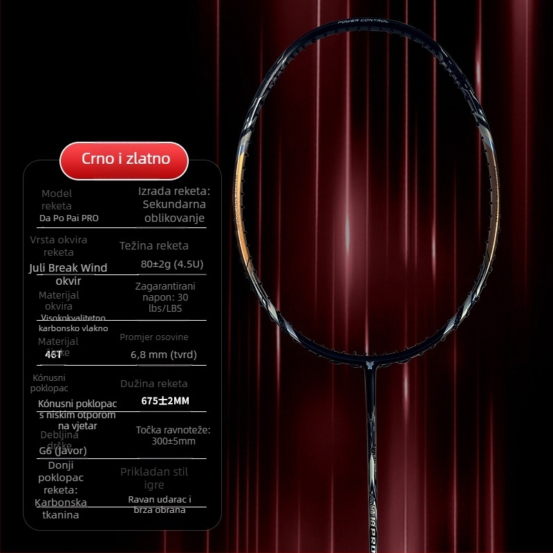 Raketa za badminton – karbonski okvir, visoke kvalitete, za odrasle (unisex), tip udarca: pravac, tvrdoća reketa: tvrda