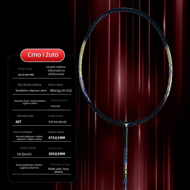 Raketa za badminton – karbonski okvir, visoke kvalitete, za odrasle (unisex), tip udarca: pravac, tvrdoća reketa: tvrda