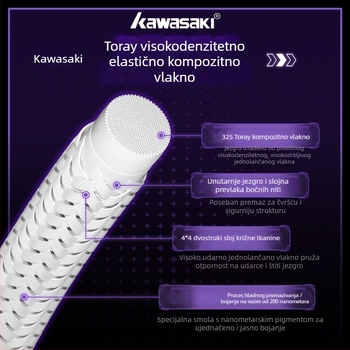 Kawasaki užad za reket – kompozitna vlakna, 0,66 mm, 23–25 funti, zvuk lopte, za badminton i tenis
