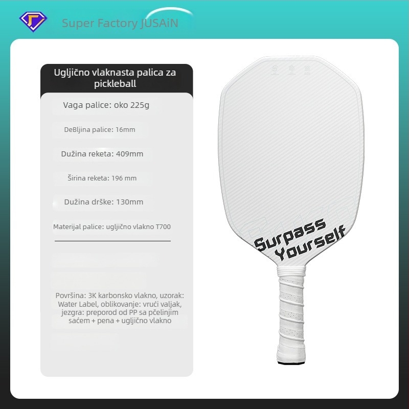 pickleball reketa od karbonskih vlakana, Jusian, težina 225 g