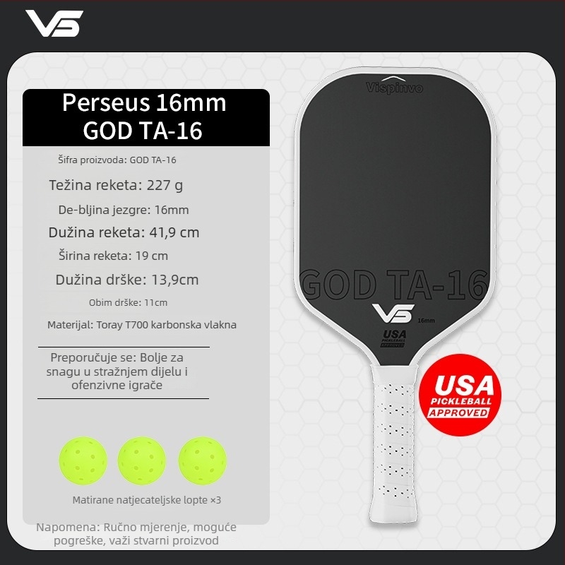Vispinvo pickleball reketa, karbonska vlakna, Toray T700 certificiran, težina 225 g