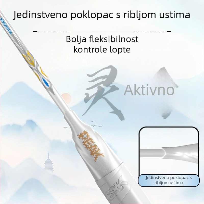 Peak badminton reketa - potpuno karbonska konstrukcija, najlon korice, težina 80–84 g, drška G5, tip rekete: direktan udarac