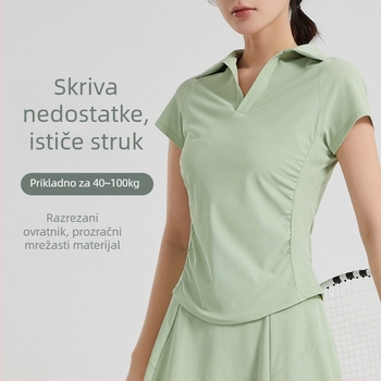 Ženski top za jogu u baseball stilu s kratkim rukavima, duboki V izrez, plisirana struk, duljina do kukova, uska linija (88% najlon, 12% spandex)