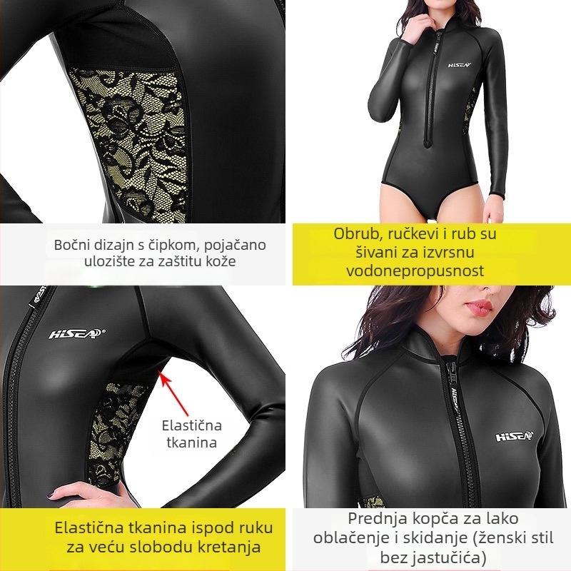 Ženski neoprenski set za ronjenje s dugim rukavima, topao, jednobojni, marka HISEA, materijal: neopren i Yamamoto koža, za ronjenje
