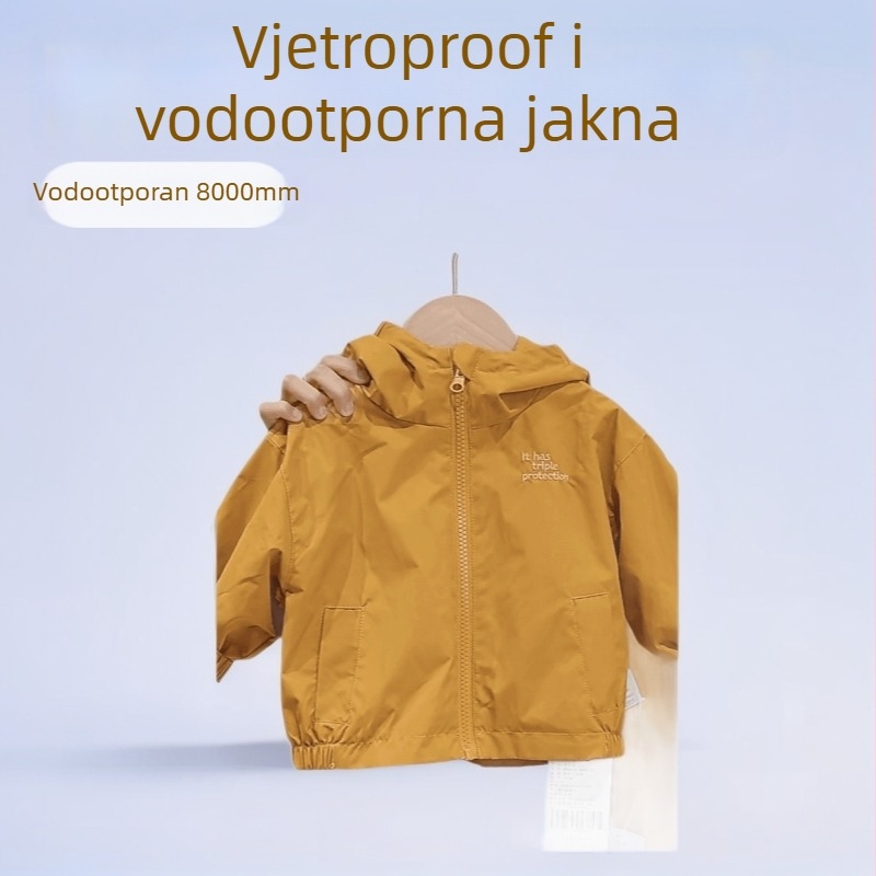 Muško dječje jakne s kapuljačom za proljeće i jesen, model 2025, 100% poliester, vodootporan do 8000 mm, prozračan 10001–15000 mm, potpuno zapečaćeni šavovi