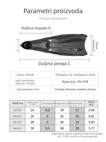 Yon Sub unisex fins za snorkeling — Materijal PP/TPR, Prilagodljive, Privatne oznake spremne