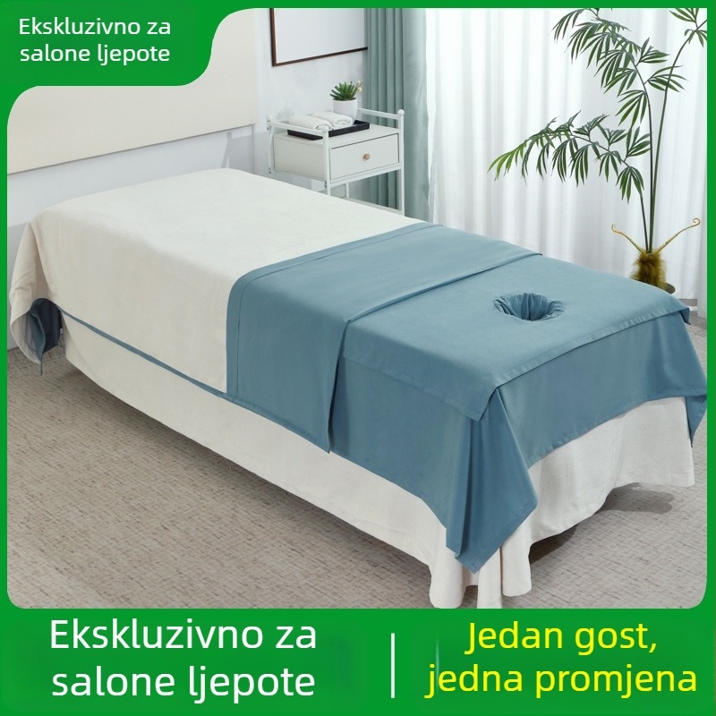 Bijeli jednoplani posteljni list za masažni stol u kozmetičkom salonu, s otvorom za lice