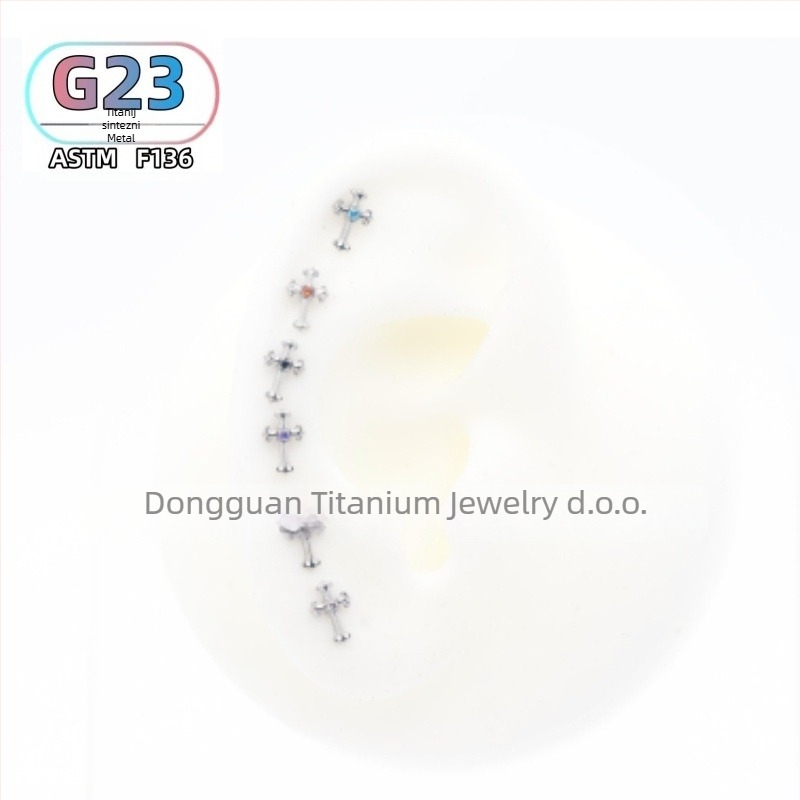 F136 titanijski križni cirkon za uho i usne, polirani završetak, unisex