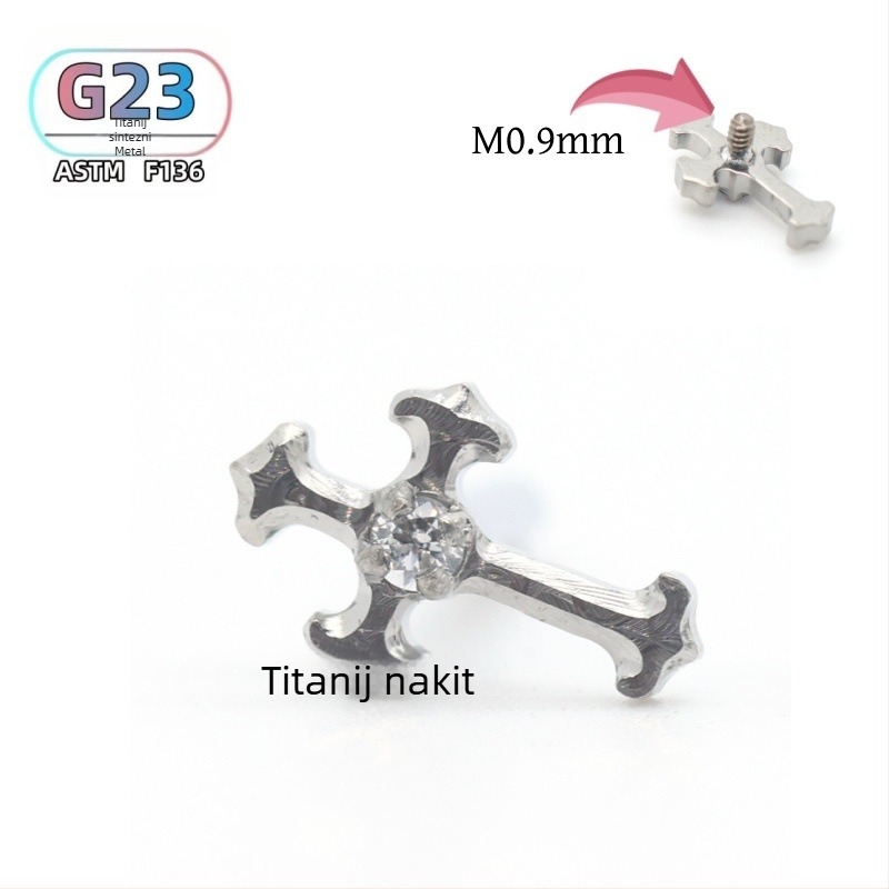 F136 titanijski križni cirkon za uho i usne, polirani završetak, unisex