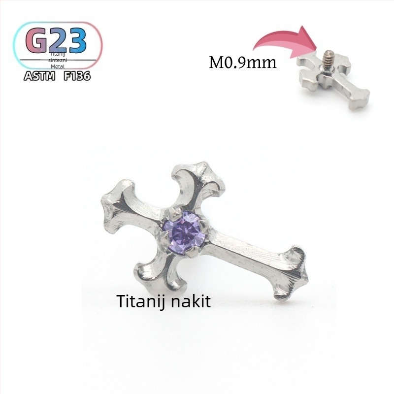 F136 titanijski križni cirkon za uho i usne, polirani završetak, unisex