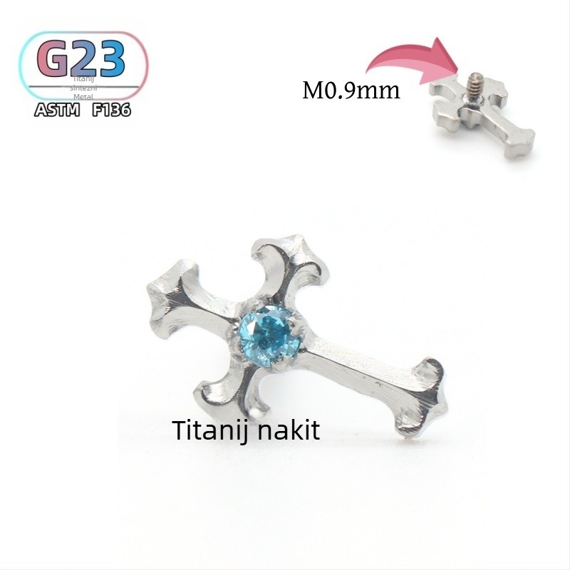 F136 titanijski križni cirkon za uho i usne, polirani završetak, unisex