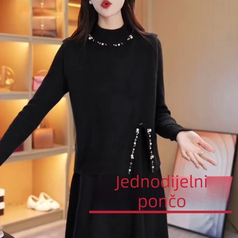 Dvostruki pleteni set haljine s kapuljačom – srednja duljina, dugi rukavi, polu-stojeći ovratnik