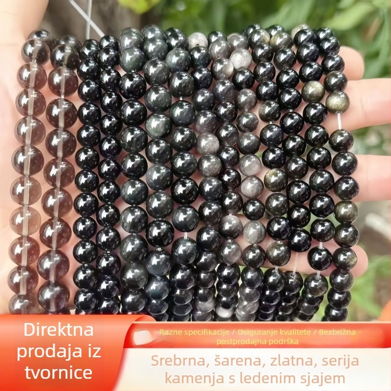 Prirodne srebrne obsidijanske perle i zlatne obsidijanske okrugle perle za DIY nakit, komponente za narukvicu, poluproizvodi na veliko