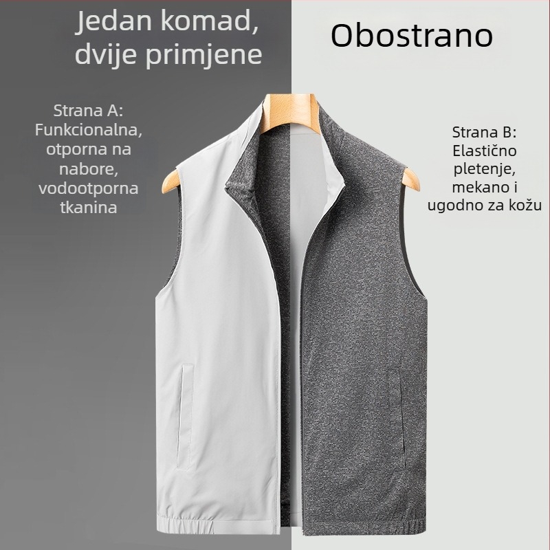 Dvostrani muški prsluk za poslovni i slobodno vrijeme, stojeći ovratnik, zatvarač, najlon vanjska tkanina s poliester podstavom, bočne džepove, proljeće-jesen