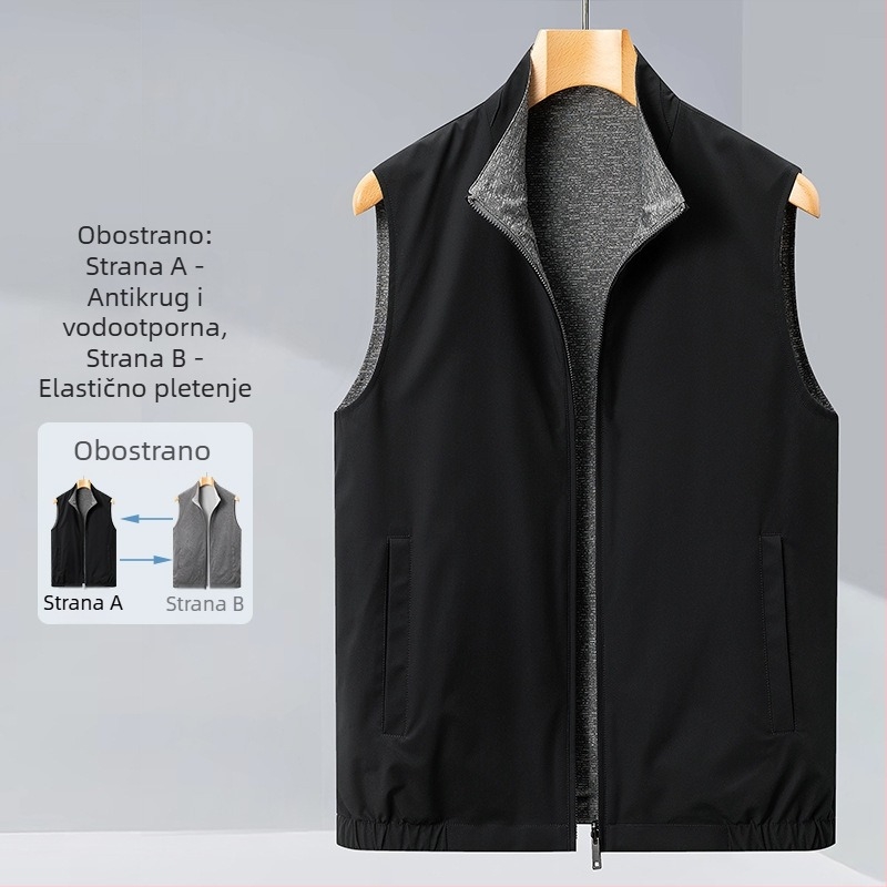 Dvostrani muški prsluk za poslovni i slobodno vrijeme, stojeći ovratnik, zatvarač, najlon vanjska tkanina s poliester podstavom, bočne džepove, proljeće-jesen