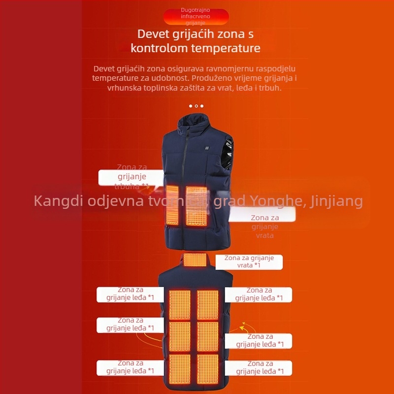 Električna grijana vesta s USB napajanjem, konstantna temperatura, stojeći ovratnik i zatvarač, opušteni kroj