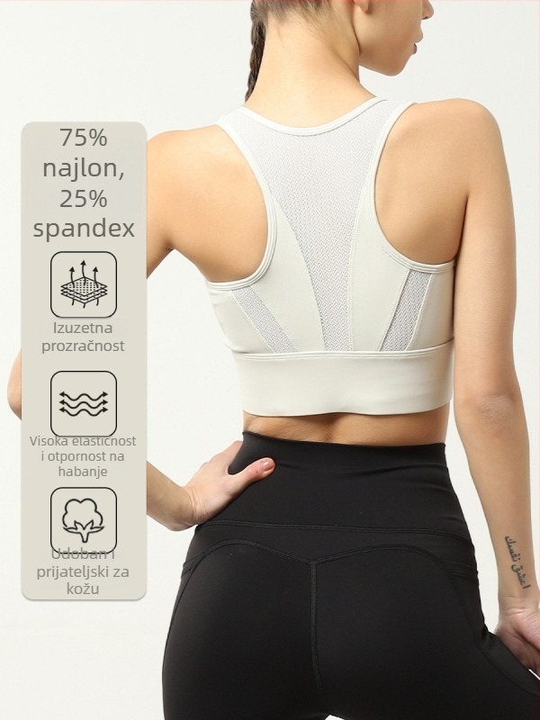 Sportska grudnjak s oblikovanim čašicama, pune čašice, jedinstven jednoslojni dizajn, fiksirane dvostruke naramenice, Nylon/Spandex materijal, podstava Spandex, punjenje