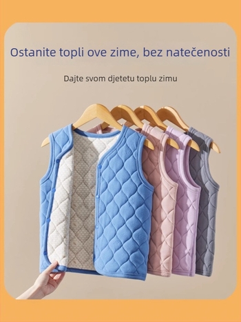 Dječja pamučna puffer vest za jesen-zimu – vanjski flis, punilo od poliestera, podstava od pamuka, debela, V-izrez, jednobojno zatvaranje, karirani ili jednobojni uzorak, za djecu preko 8 godina (oko 140 cm)
