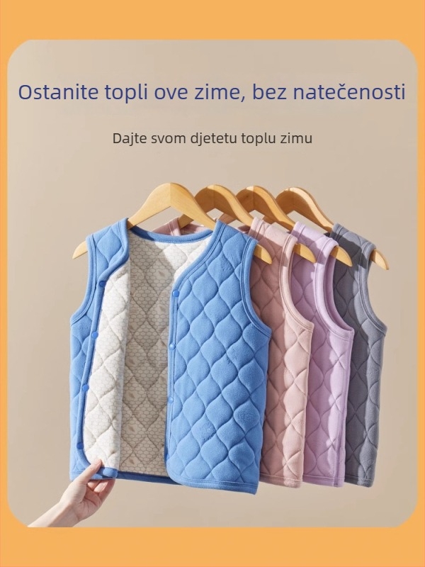 Dječja pamučna puffer vest za jesen-zimu – vanjski flis, punilo od poliestera, podstava od pamuka, debela, V-izrez, jednobojno zatvaranje, karirani ili jednobojni uzorak, za djecu preko 8 godina (oko 140 cm)
