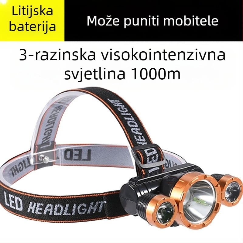 LED čelna svjetiljka, punjiva litijska baterija, dva načina rada, vodootporna, domet 100 m