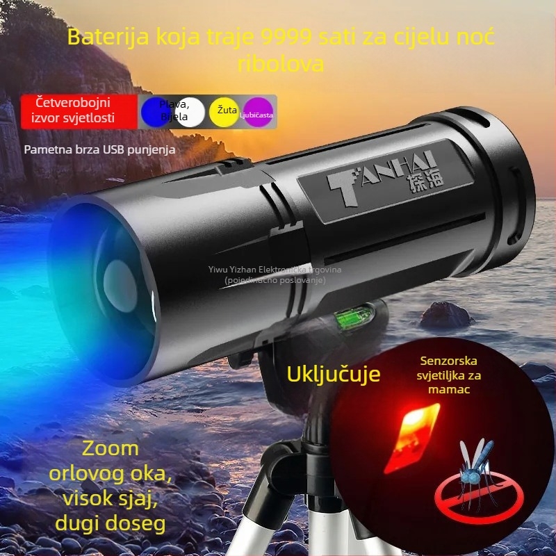 Noćna ribolovna svjetiljka s četiri izvora svjetla, baterija 8000mAh, snaga 10W, domet 200–500 m, 360° rotacija, punjiva