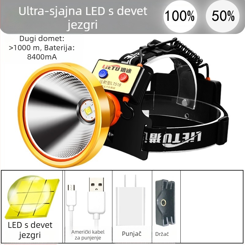 LT518 LED čelna lampica, 9-jedrna LED, punjiva, domet 1000 m, vodootporna