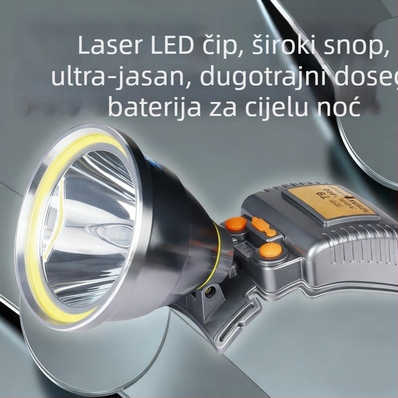 Čelna lampa za noćni ribolov s laserskim izvorom svjetla, punjiva Li-ion baterija 4400mAh (18650), snaga 1500W, kućište od aluminijske legure + plastike, domet do 500 m