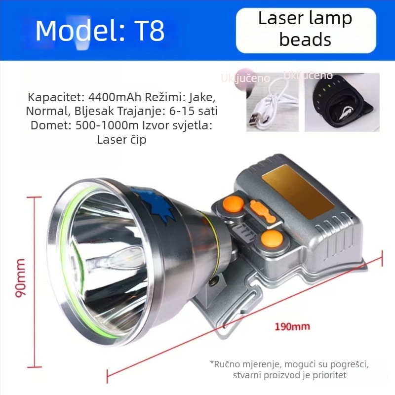 Čelna lampa za noćni ribolov s laserskim izvorom svjetla, punjiva Li-ion baterija 4400mAh (18650), snaga 1500W, kućište od aluminijske legure + plastike, domet do 500 m