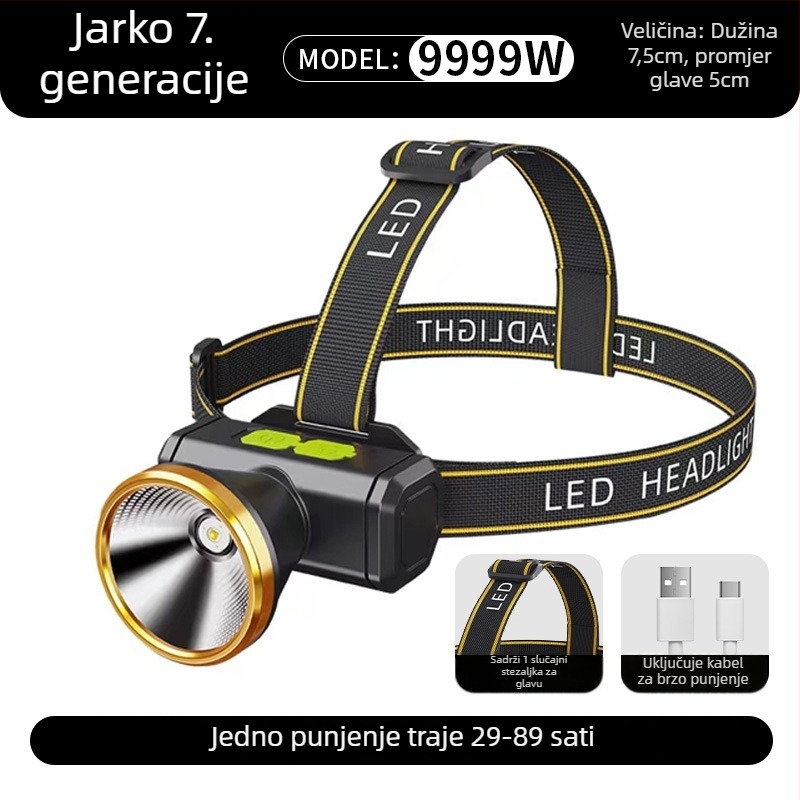 LED čelovka, punjiva, aluminijska legura kućište, 18650 litij ionska baterija, domet do 500 m